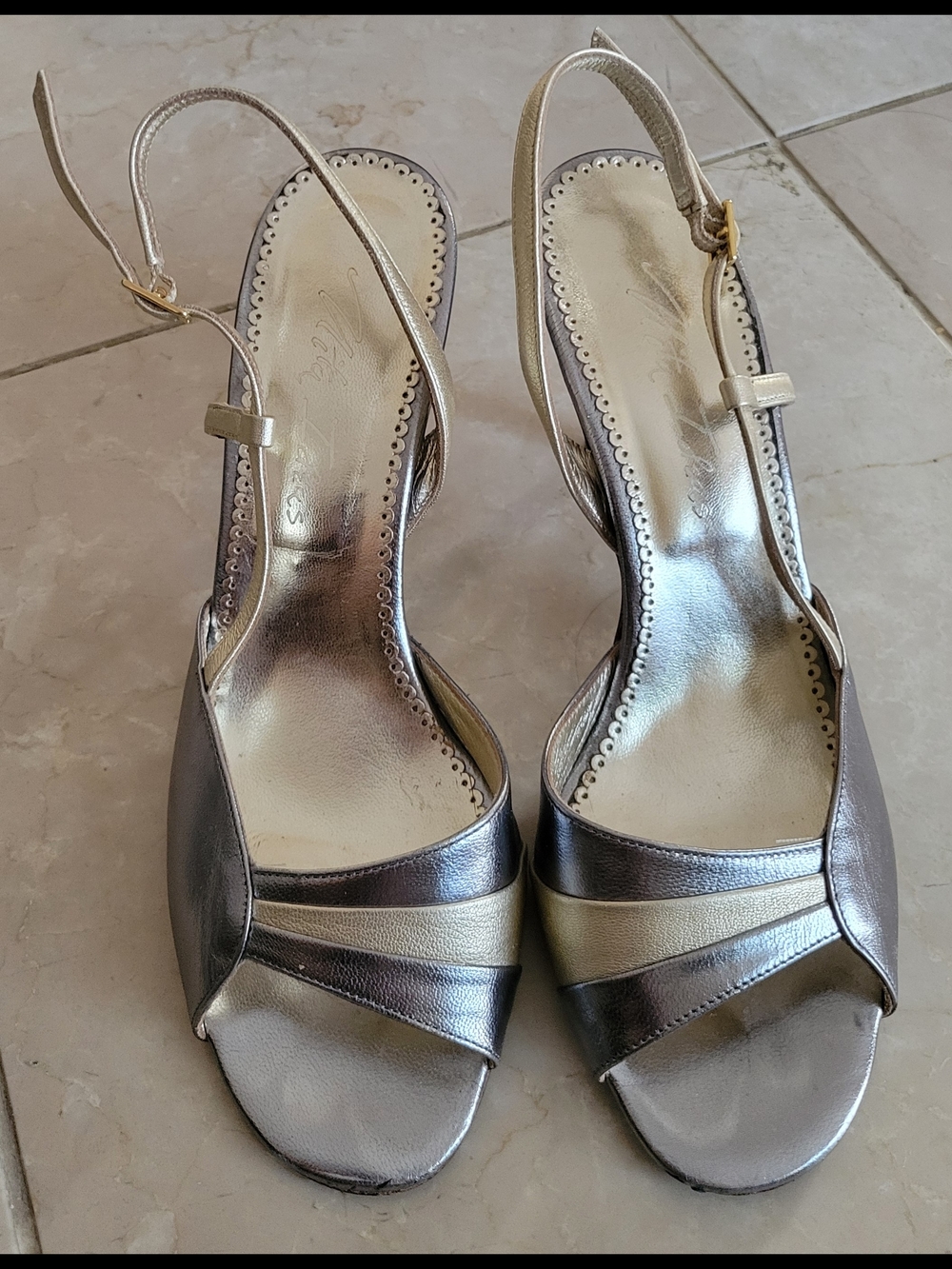 Metallic Two-Tone Slingback Heels in Silver and Gold